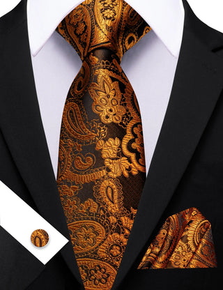 New Golden Black Paisley Silk Men's Necktie Pocket Square Cufflinks Set