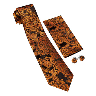New Golden Black Paisley Silk Men's Necktie Pocket Square Cufflinks Set