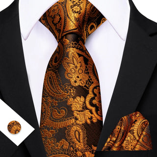 New Golden Black Paisley Silk Men's Necktie Pocket Square Cufflinks Set