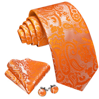 New Vibrant Orange Paisley Silk Men's Necktie Pocket Square Cufflinks Set