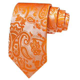 New Vibrant Orange Paisley Silk Men's Necktie Pocket Square Cufflinks Set