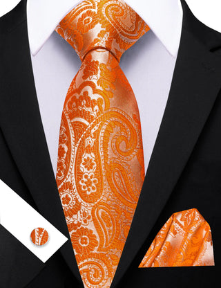 New Vibrant Orange Paisley Silk Men's Necktie Pocket Square Cufflinks Set