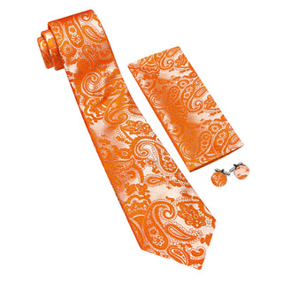 New Vibrant Orange Paisley Silk Men's Necktie Pocket Square Cufflinks Set