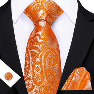 New Vibrant Orange Paisley Silk Men's Necktie Pocket Square Cufflinks Set