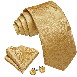 New Metallic Gold Paisley Silk Men's Necktie Pocket Square Cufflinks Set