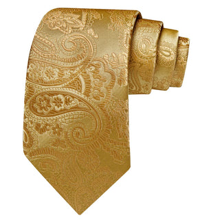 New Metallic Gold Paisley Silk Men's Necktie Pocket Square Cufflinks Set