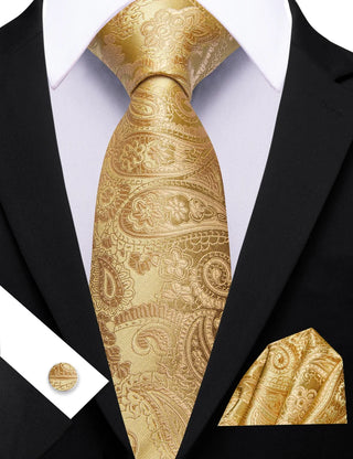 New Metallic Gold Paisley Silk Men's Necktie Pocket Square Cufflinks Set