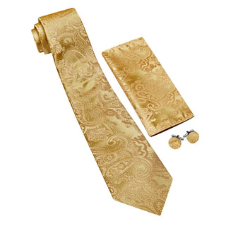 New Metallic Gold Paisley Silk Men's Necktie Pocket Square Cufflinks Set