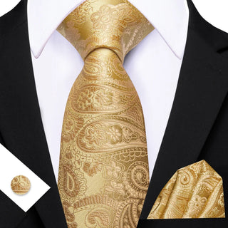 New Metallic Gold Paisley Silk Men's Necktie Pocket Square Cufflinks Set