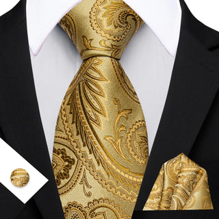 New Gold Paisley Silk Necktie Pocket Square Cufflinks Set