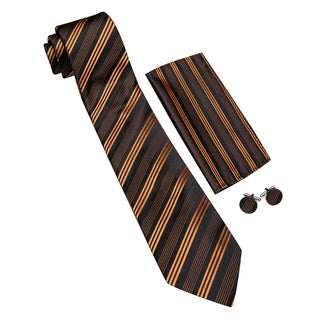 New Gold Brown Striped Silk Necktie Pocket Square Cufflinks Set