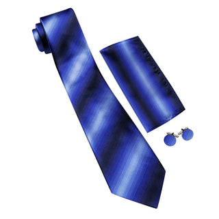 New Royal Blue Striped Silk Necktie Pocket Square Cufflinks Set