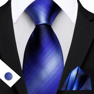 New Royal Blue Striped Silk Necktie Pocket Square Cufflinks Set