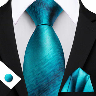 New Teal Classic Striped Silk Necktie Pocket Square Cufflinks Set