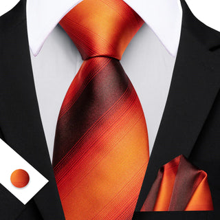 New Burnt Orange Striped Silk Necktie Pocket Square Cufflinks Set