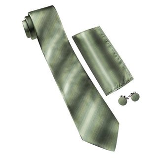New Olive Green Striped Silk Necktie Pocket Square Cufflinks Set