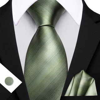 New Olive Green Striped Silk Necktie Pocket Square Cufflinks Set