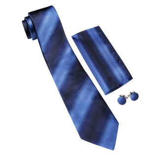 New Navy Blue Striped Silk Necktie Pocket Square Cufflinks Set