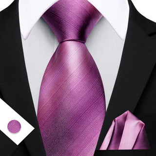 New Raspberry Striped Silk Necktie Pocket Square Cufflinks Set