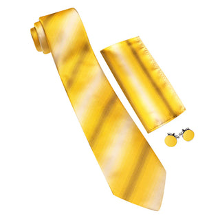 New Mustard Yellow Striped Silk Necktie Pocket Square Cufflinks Set