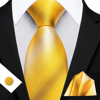 New Mustard Yellow Striped Silk Necktie Pocket Square Cufflinks Set