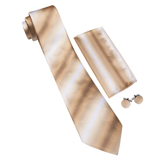 New Champagne Striped Silk Necktie Pocket Square Cufflinks Set