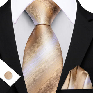 New Champagne Striped Silk Necktie Pocket Square Cufflinks Set