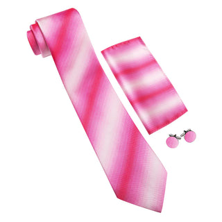 New Pink Striped Silk Necktie Pocket Square Cufflinks Set