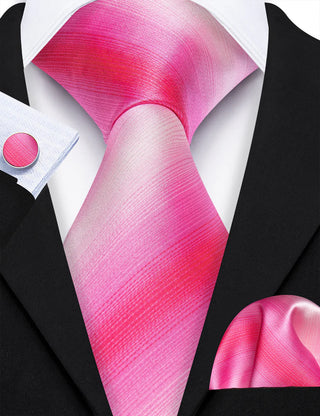 New Pink Striped Silk Necktie Pocket Square Cufflinks Set