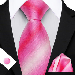 New Pink Striped Silk Necktie Pocket Square Cufflinks Set