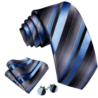 Blue Grey Striped Silk Men's Necktie Pocket Square Cufflinks Set