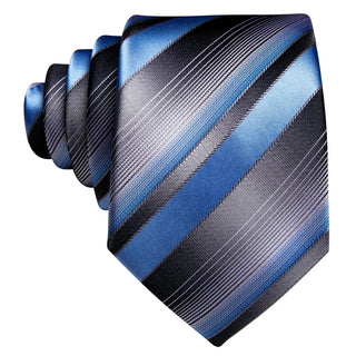 Blue Grey Striped Silk Men's Necktie Pocket Square Cufflinks Set