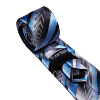 Blue Grey Striped Silk Men's Necktie Pocket Square Cufflinks Set