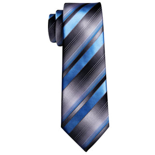 Blue Grey Striped Silk Men's Necktie Pocket Square Cufflinks Set