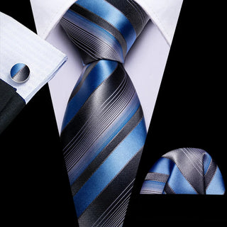 Blue Grey Striped Silk Men's Necktie Pocket Square Cufflinks Set