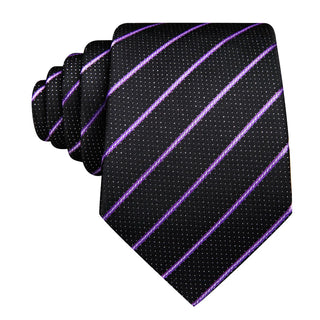 New Black Purple Stripe Silk Men's Necktie Pocket Square Cufflinks Set
