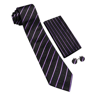 New Black Purple Stripe Silk Men's Necktie Pocket Square Cufflinks Set