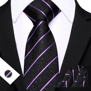 New Black Purple Stripe Silk Men's Necktie Pocket Square Cufflinks Set