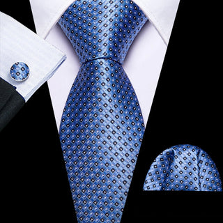 Blue Classic Plaid Silk Necktie Pocket Square Cufflinks Set