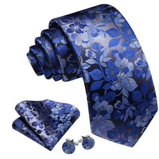 New Floral Royal Blue Silk Men's Necktie Pocket Square Cufflinks Set