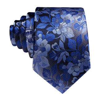 New Floral Royal Blue Silk Men's Necktie Pocket Square Cufflinks Set