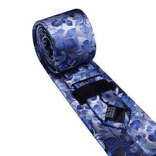 New Floral Royal Blue Silk Men's Necktie Pocket Square Cufflinks Set