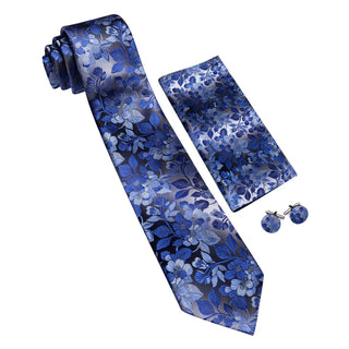 New Floral Royal Blue Silk Men's Necktie Pocket Square Cufflinks Set