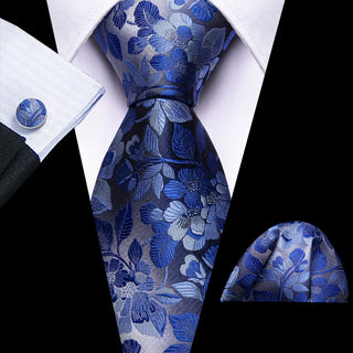 New Floral Royal Blue Silk Men's Necktie Pocket Square Cufflinks Set