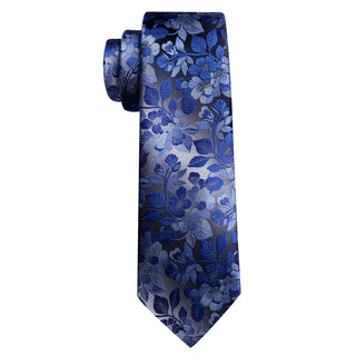 New Floral Royal Blue Silk Men's Necktie Pocket Square Cufflinks Set