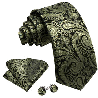 New Olive Green Paisley Silk Men's Necktie Pocket Square Cufflinks Set