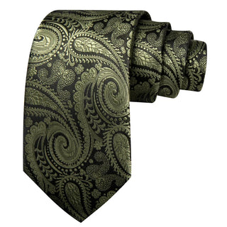 New Olive Green Paisley Silk Men's Necktie Pocket Square Cufflinks Set