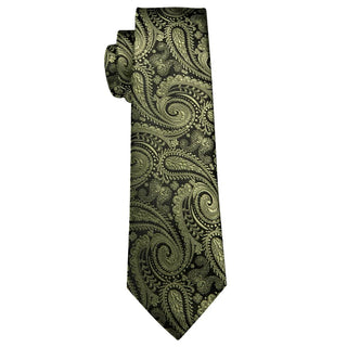 New Olive Green Paisley Silk Men's Necktie Pocket Square Cufflinks Set