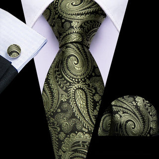 New Olive Green Paisley Silk Men's Necktie Pocket Square Cufflinks Set