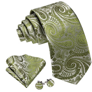 New Olive Green Paisley Silk Men's Necktie Pocket Square Cufflinks Set